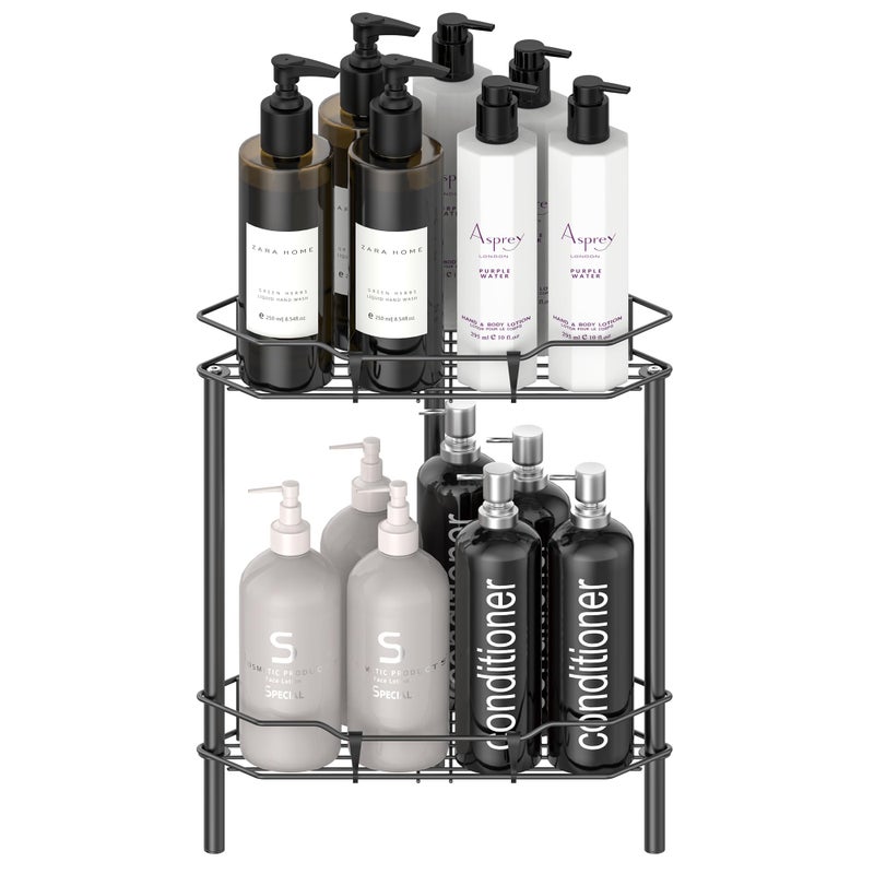 HuggieGems 2 Tier Floor Standing Corner Shower Caddy Organizer Shelf with Hooks, Bathroom Shelves Stand Rack, Matt Black - Image 1